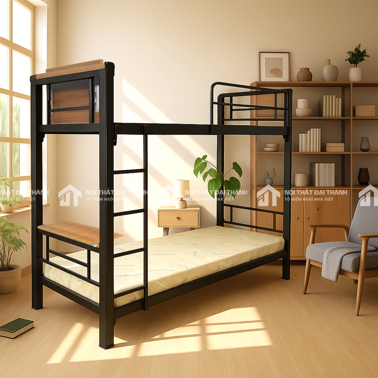 Giường sắt 2 tầng có bàn học Đại Thành (1)